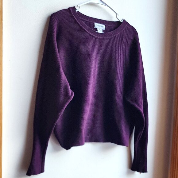 Carmen Marc Valvo Deep Purple Scoop Neck Ribbed Cropped Sweater Size XL - Picture 1 of 13